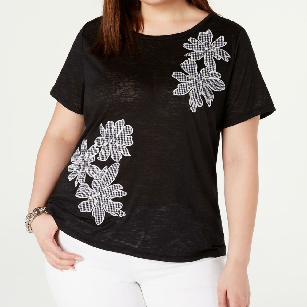 INC International Concepts Black Gingham Floral Rhinestone Top Plus Size 2X